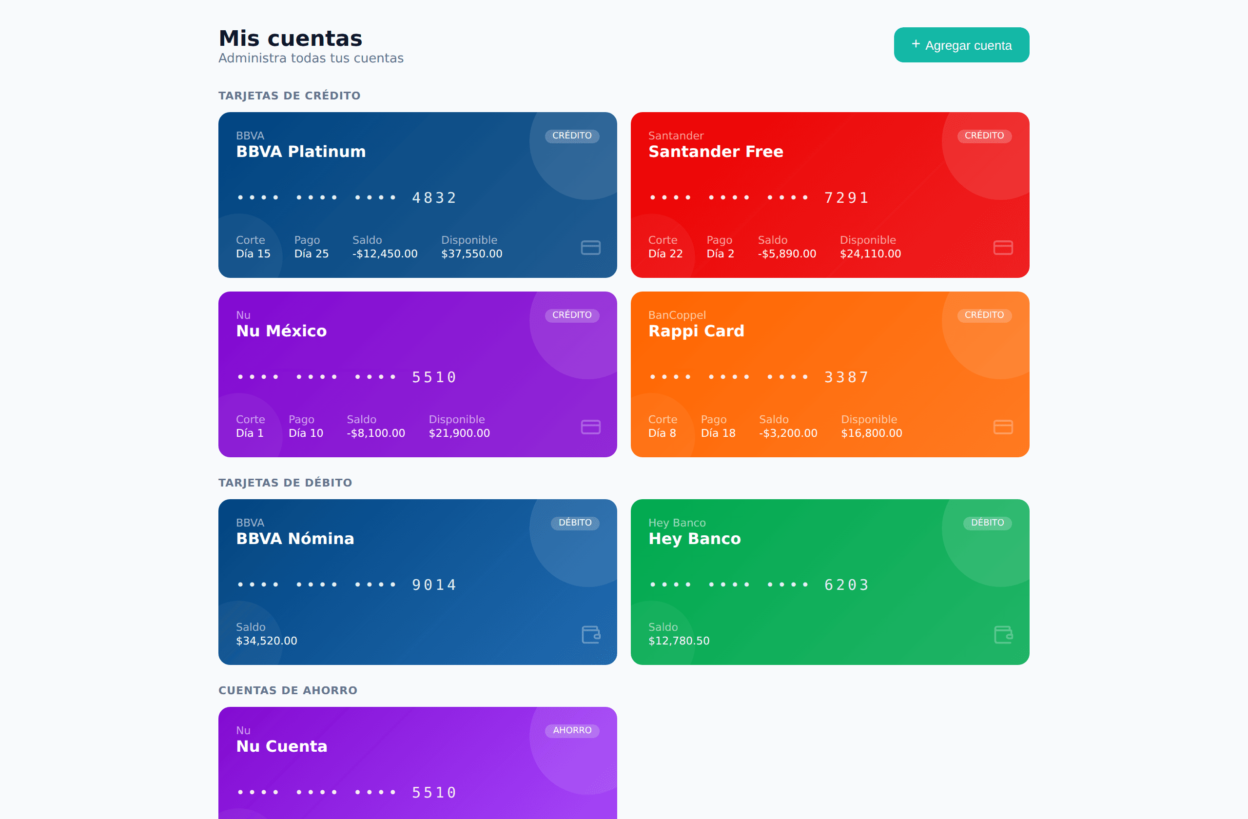 Vista de cuentas y tarjetas en Nummo